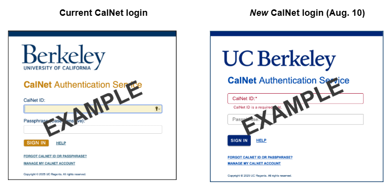 login screens to show the old cal login versus the new.