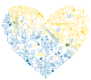 Love Data Week logo of a blue and gold heart with circuit board look including all UC locations