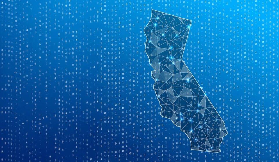 The state of California shape with binary code in the background