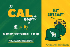 Image showing Cal Night game details alongside image of the free hat with purchase of ticket