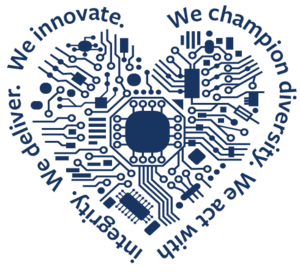 bIT LOVE bug (a graphic with a heart shape circuit board with our core values wrapped around to form shape of a heart)