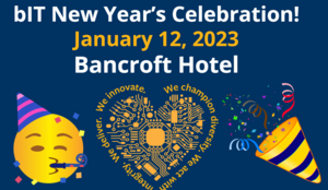 graphic with party emoji, bIT LOVE bug and the celebration emoji providing  Jan. 12 date for bIT New Years Celebration